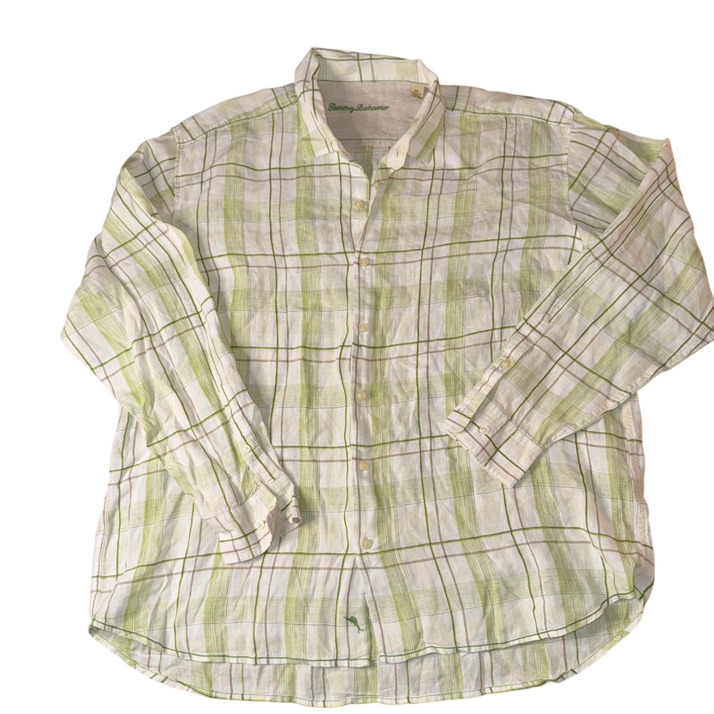 Tommy Bahama Button Down Camp Shirt XXL‎ Green Plaid 100% Linen Long Sleeve